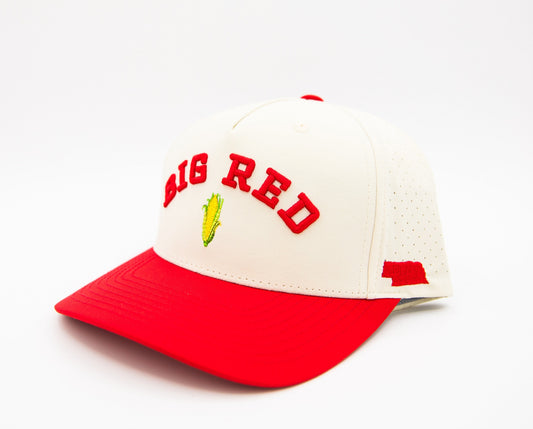 Red and white baseball cap with BIG RED embroidery and green cactus