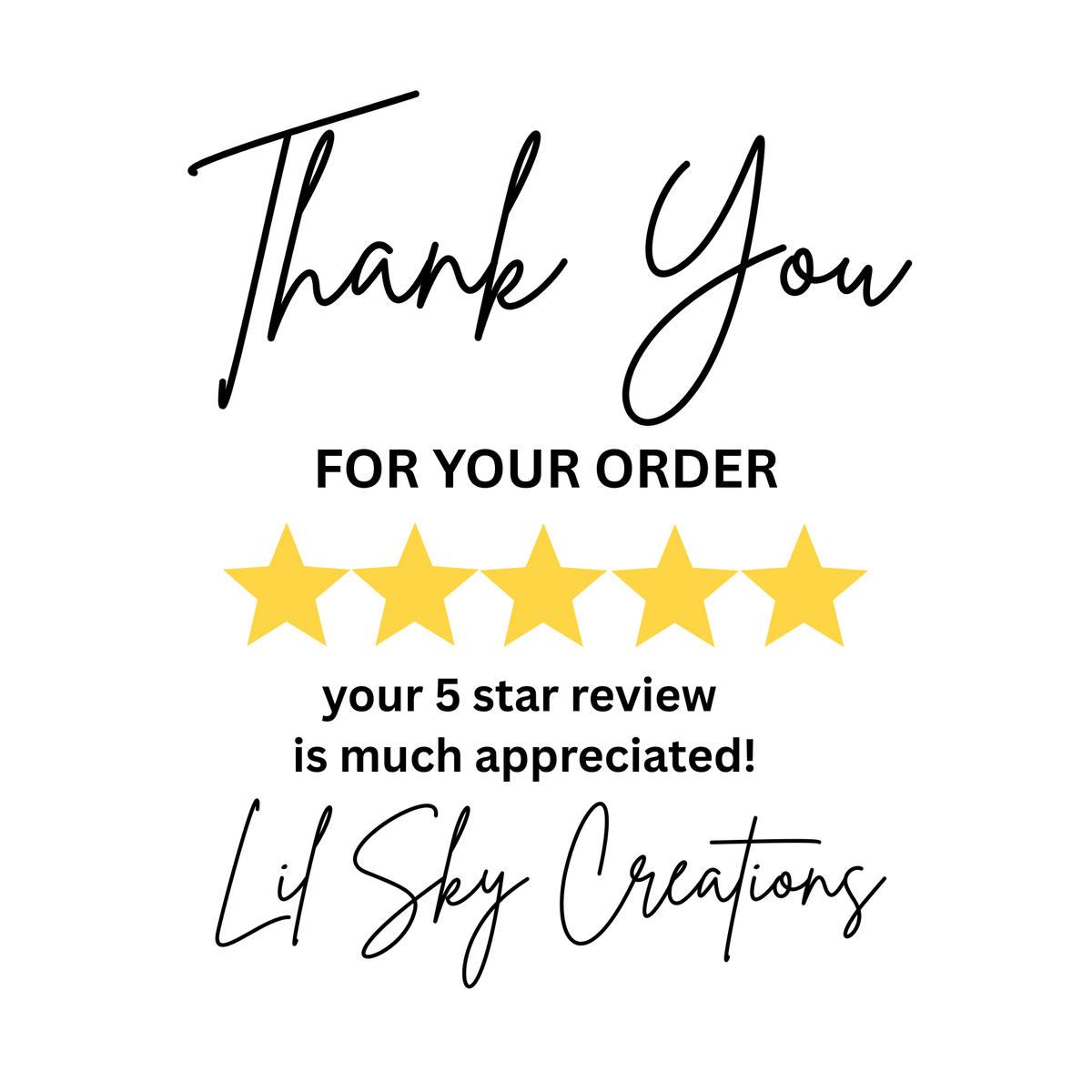 Thank you for your order 5-star review card with gold stars and signature text