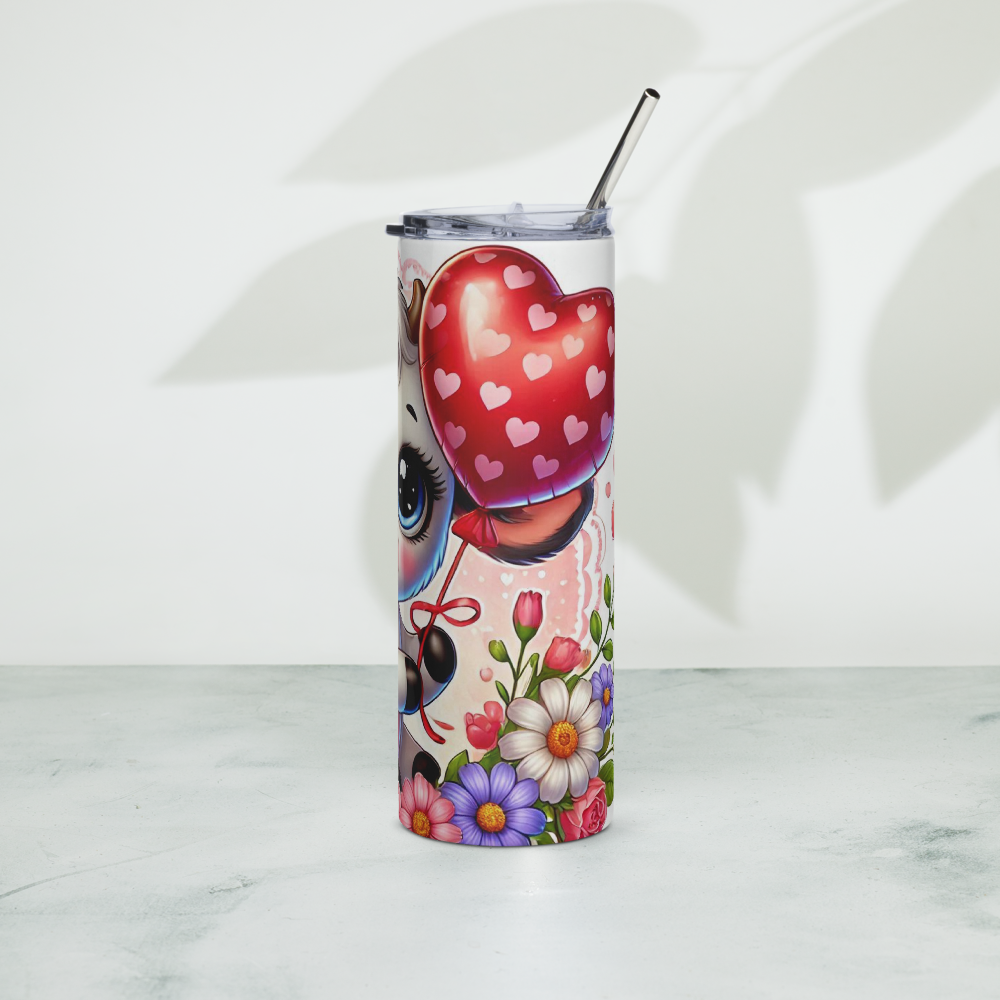 Insulated tumbler with straw, calf and red heart balloon with floral pattern