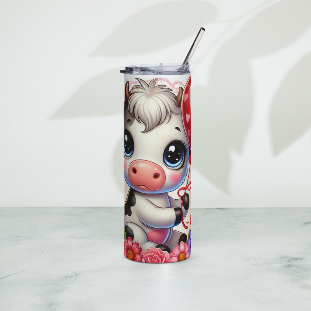 Insulated tumbler with straw, cute calf graphic with flowers and hearts