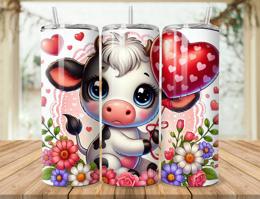 Insulated tumbler with straw, calf face graphic, hearts and flowers