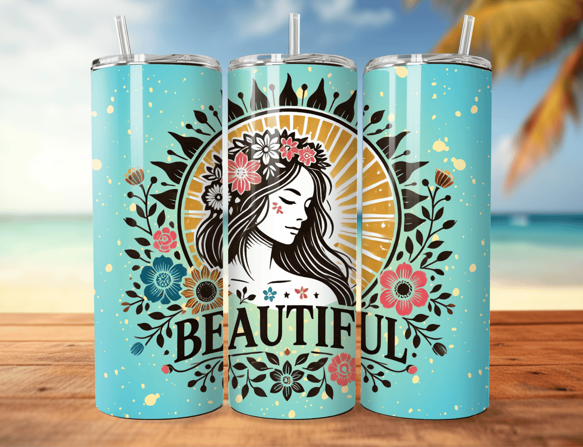 Teal statement tumblers (3 pack) with woman face floral art and clear lid