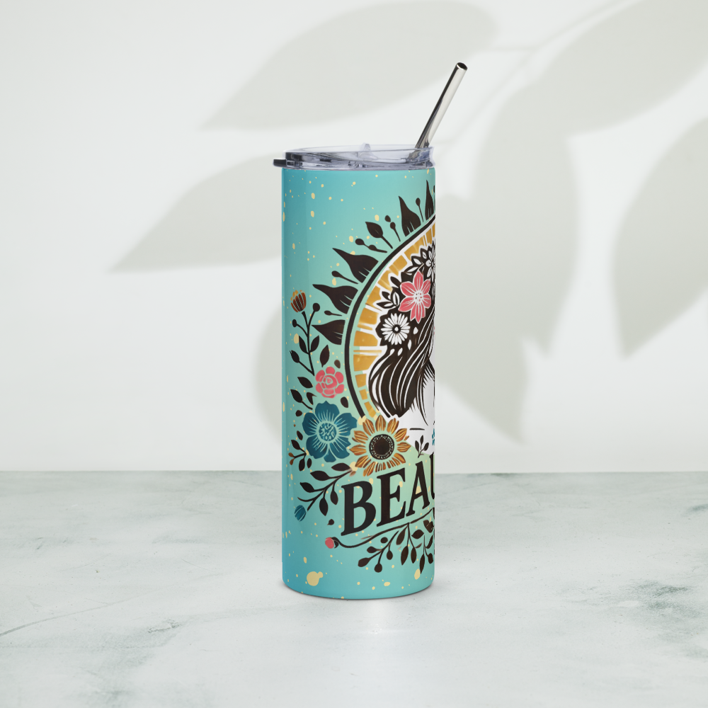 Teal statement tumbler partial view with woman floral graphic, clear lid and straw
