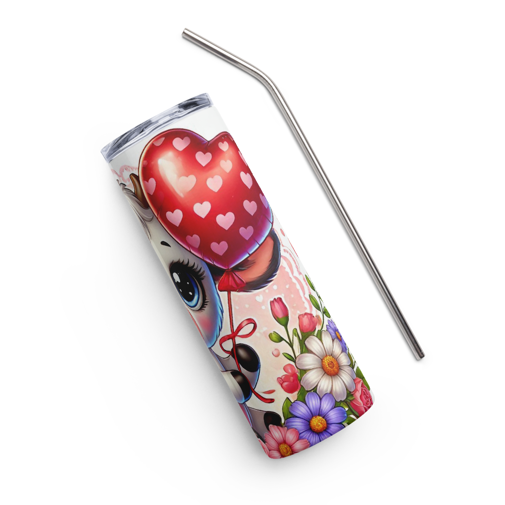 Insulated tumbler with straw, side view of red heart balloon and flowers