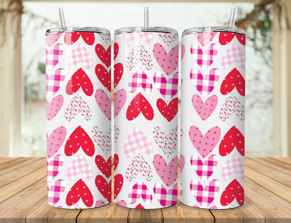 20oz stainless steel tumbler with red heart check pattern, clear straw