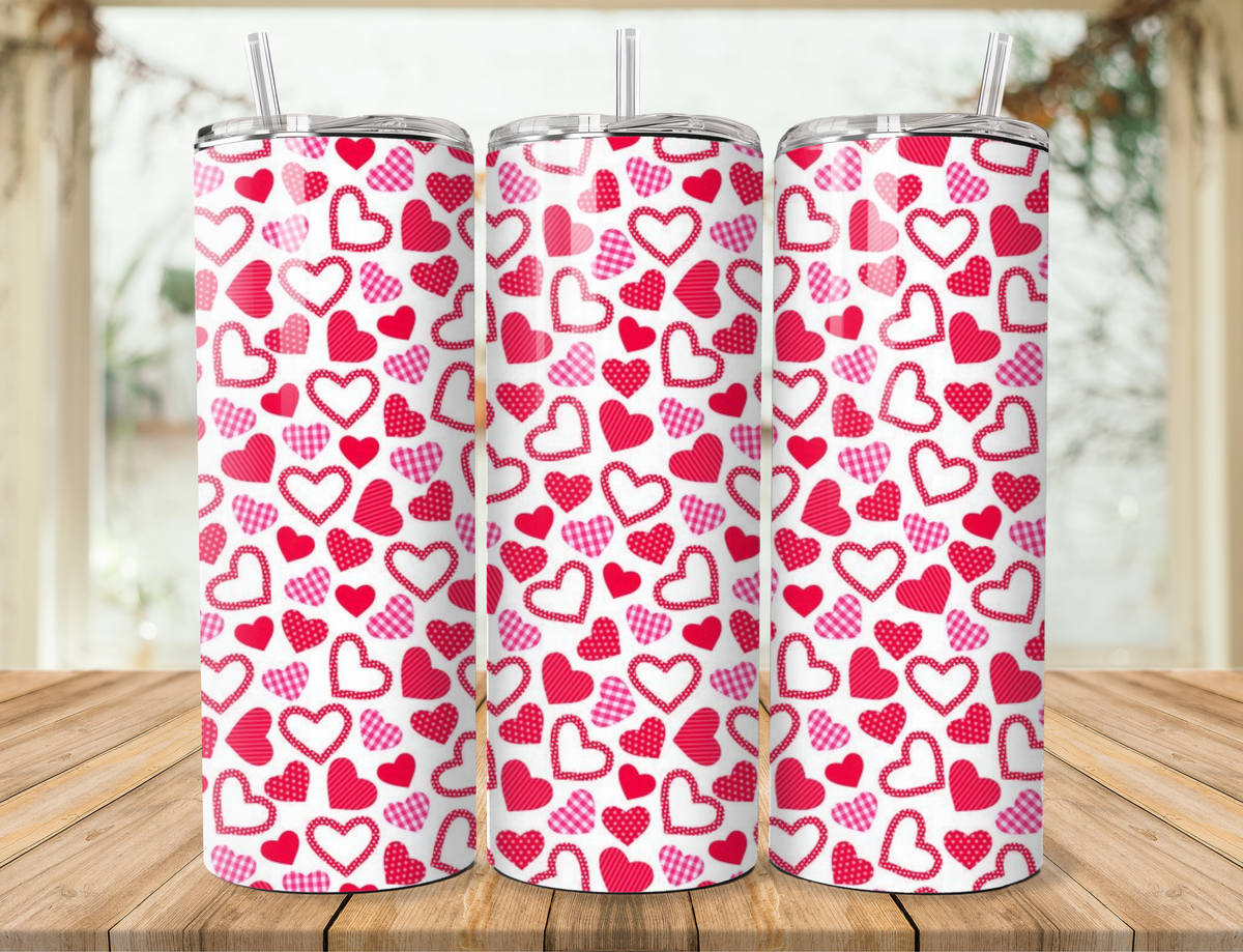 20oz stainless steel tumbler with red and pink heart doodle pattern, clear straw