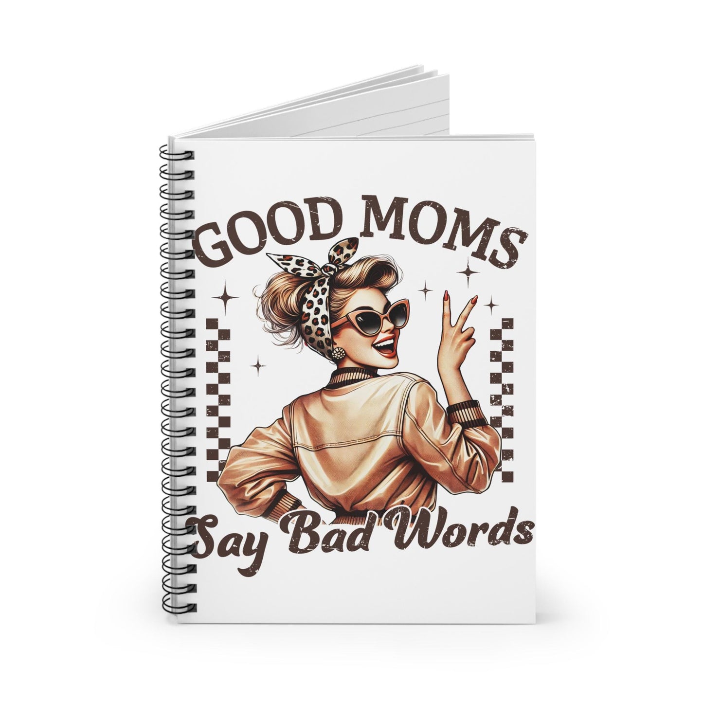 Spiral ruled notebook, white cover with 'Good Moms' girl sunglasses leopard print design