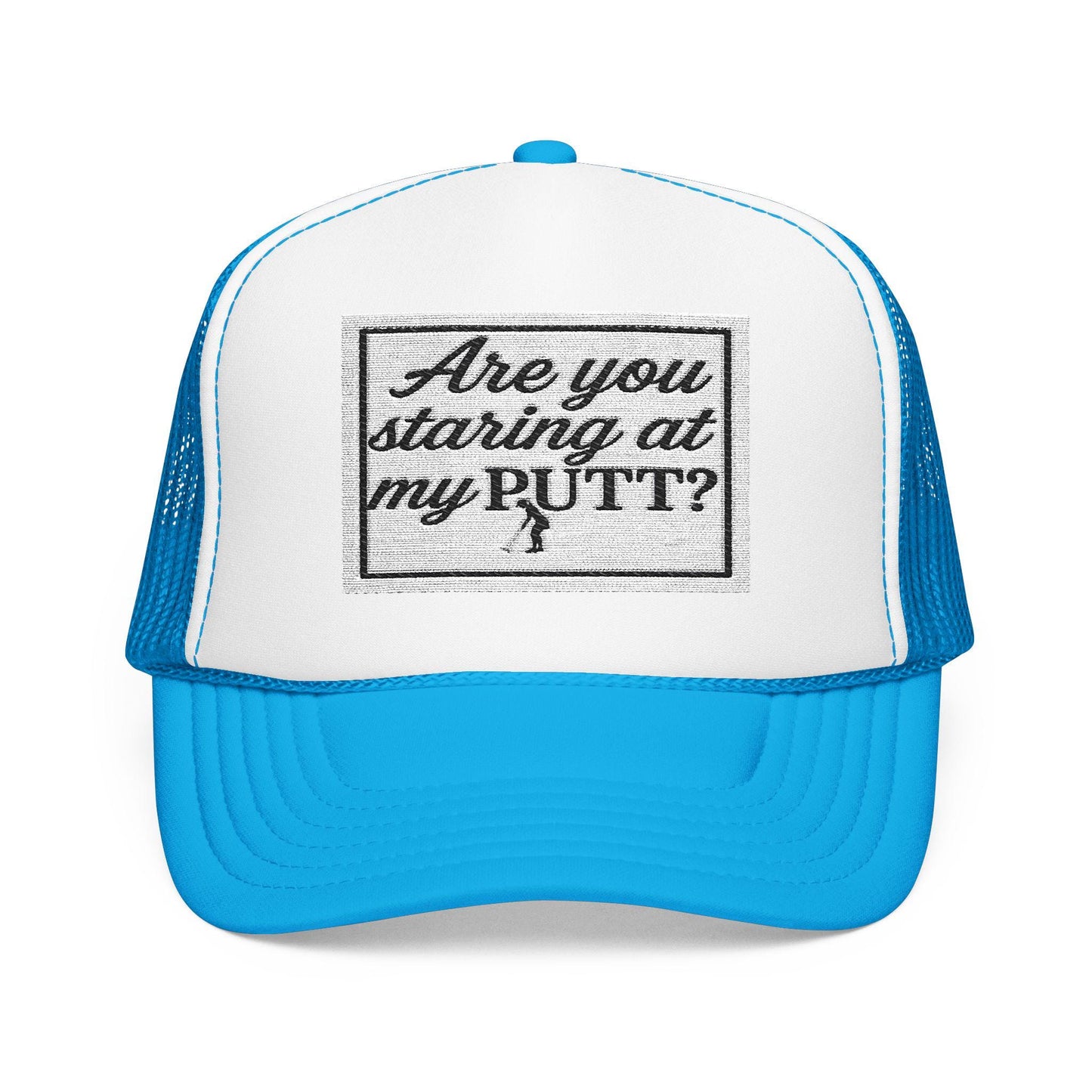 Blue and white golf trucker hat with 'Are you staring at my Putt' patch