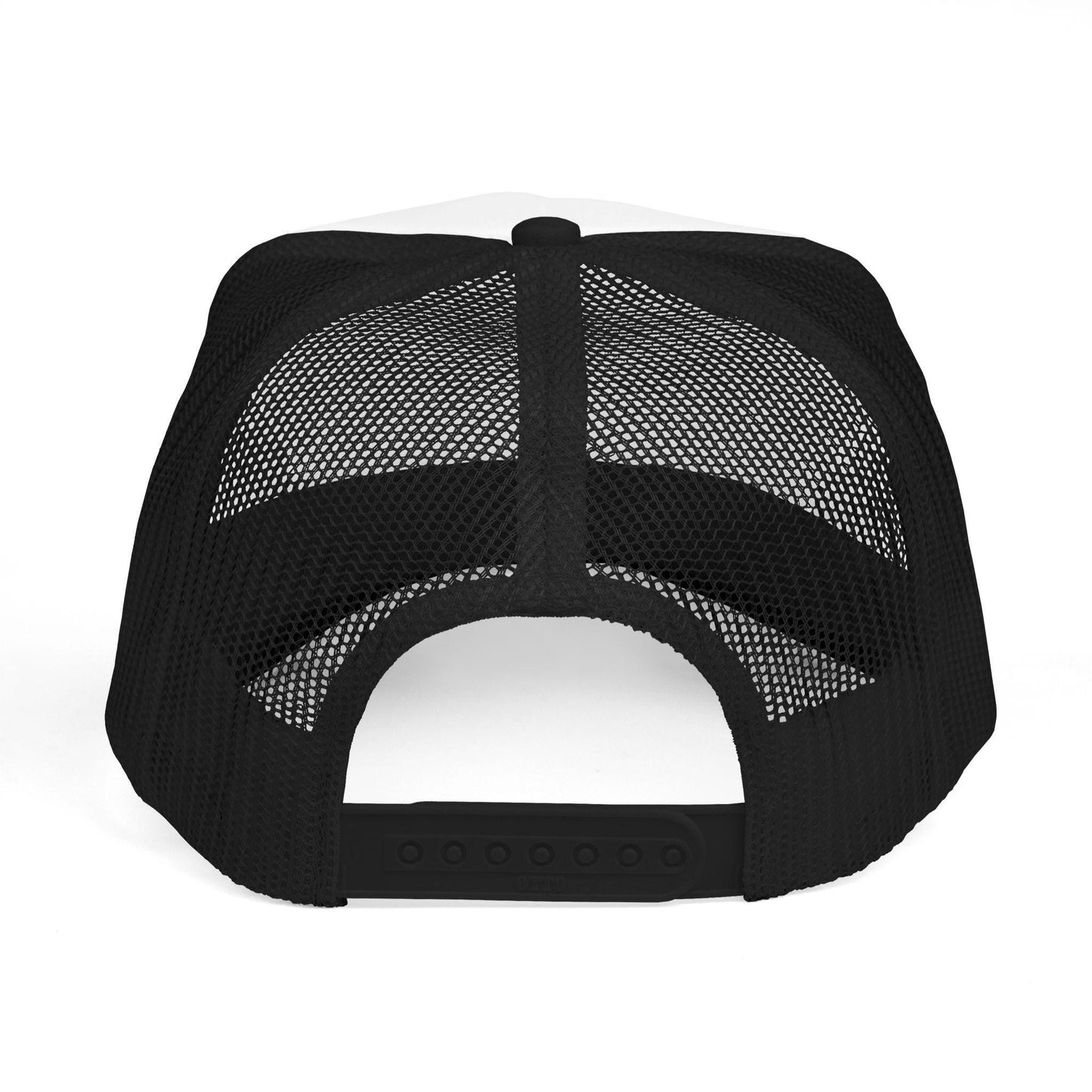 Black mesh golf trucker hat with curved brim and snapback closure