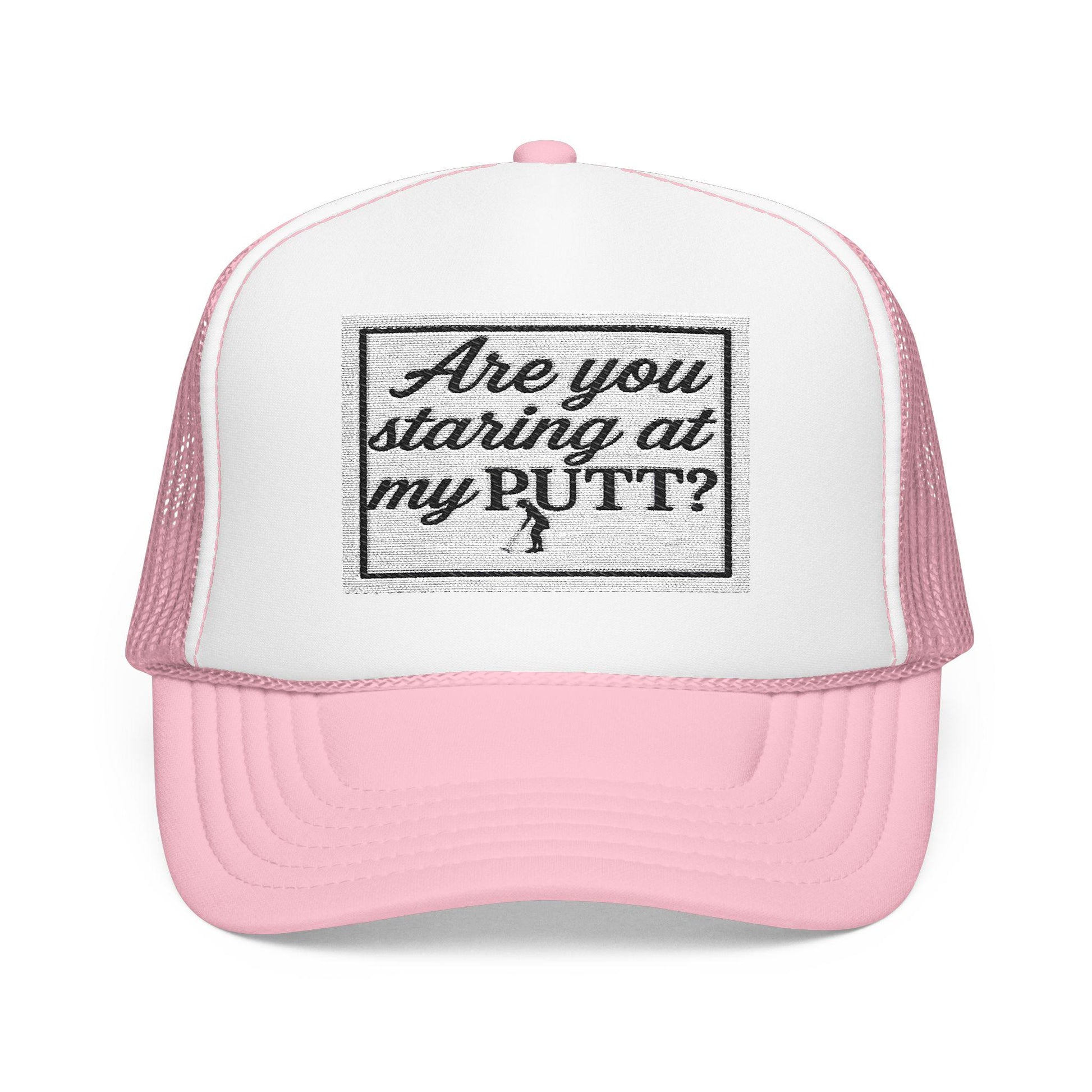 Light pink and white golf trucker hat with 'Are you staring at my Putt' patch