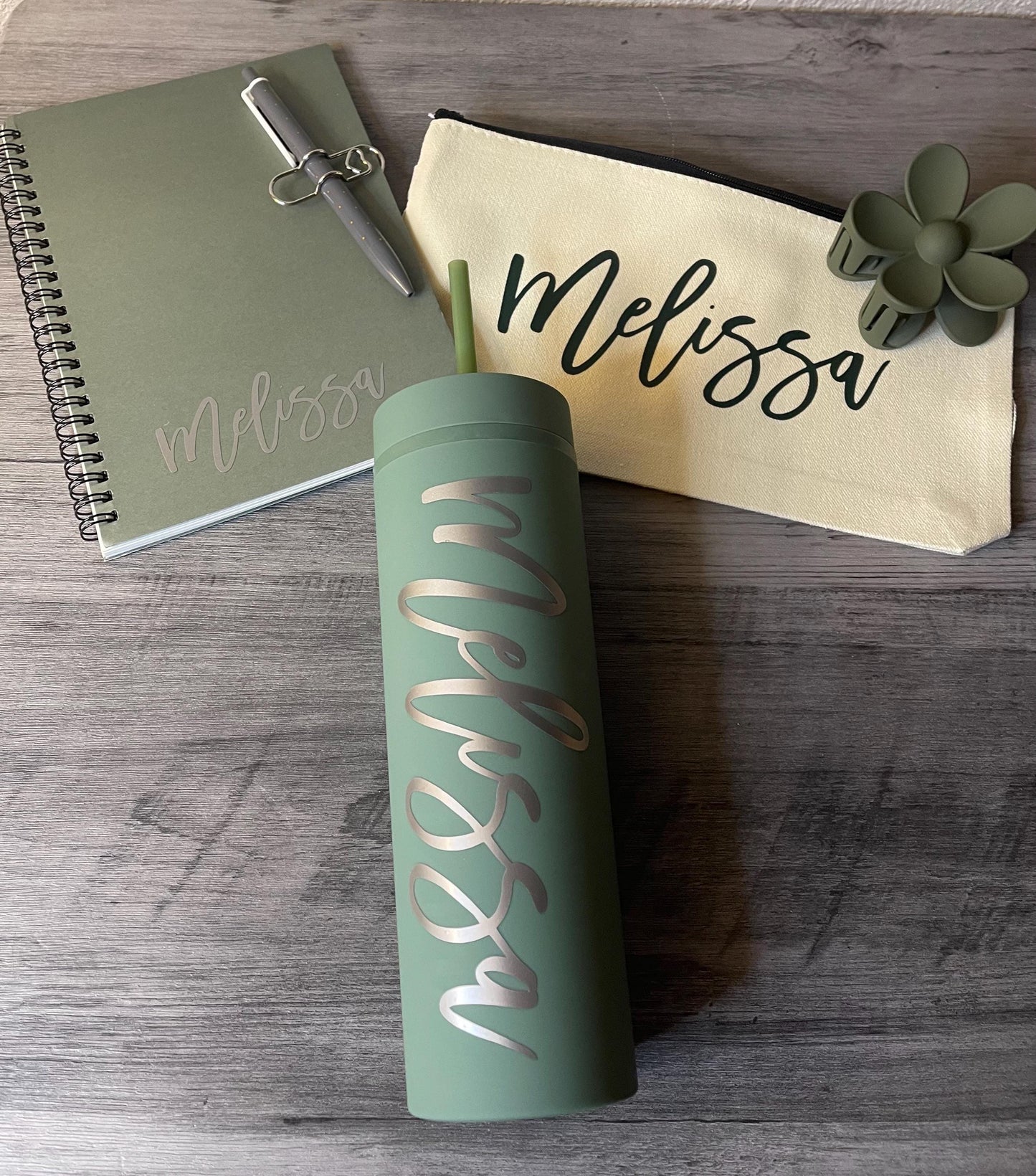 Olive personalized notebook and matching tumbler gift set with name 'Melissa'.
