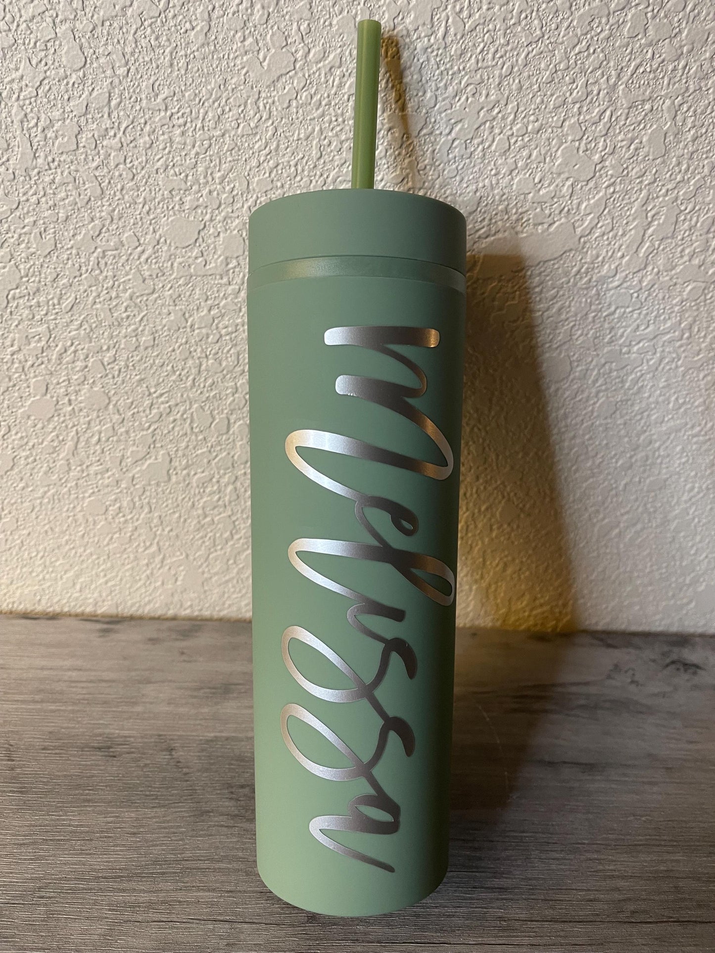 Olive tumbler with lid and straw, personalized 'Melissa' script.
