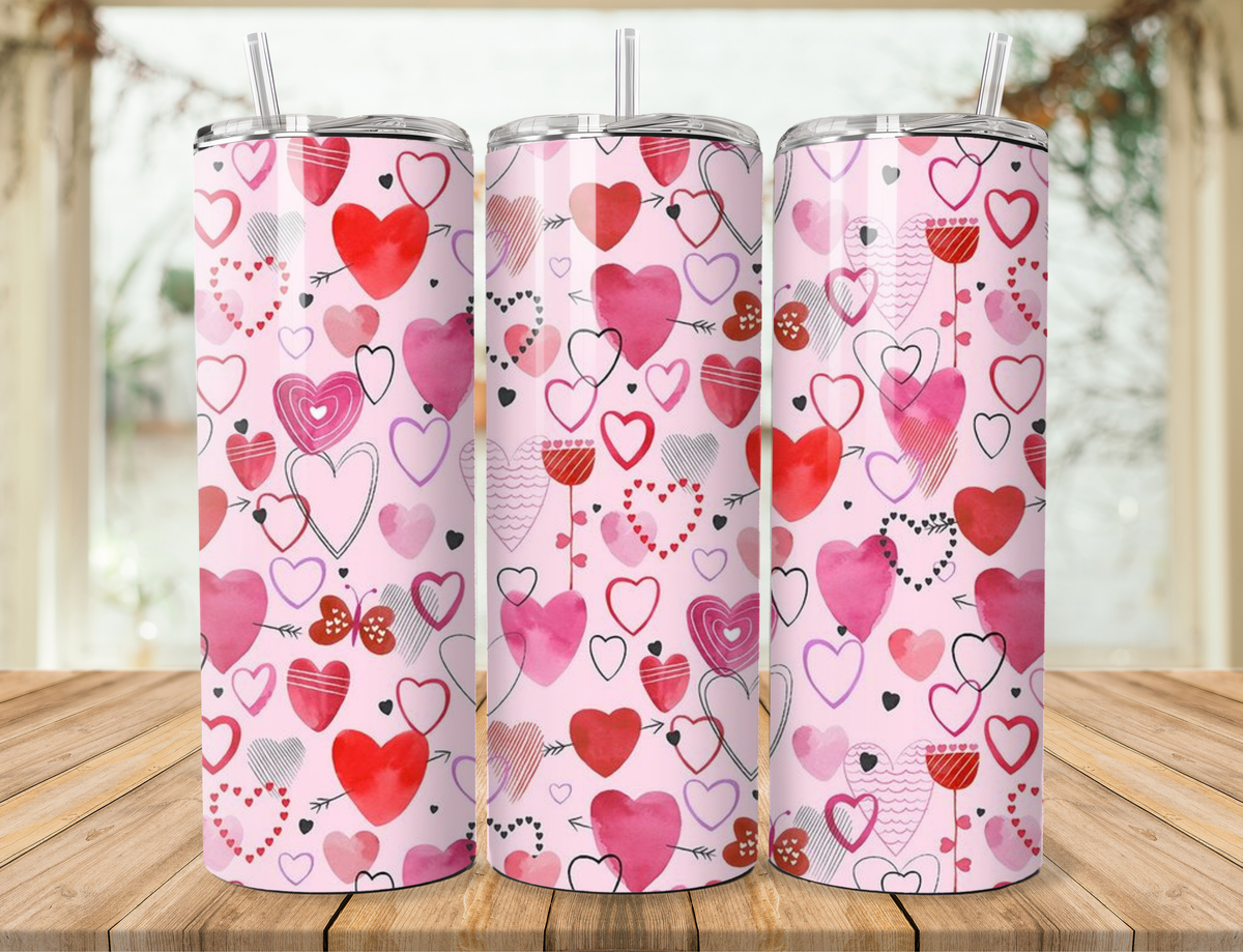 20oz stainless steel tumbler with pink heart and cupcake icon pattern, clear straw