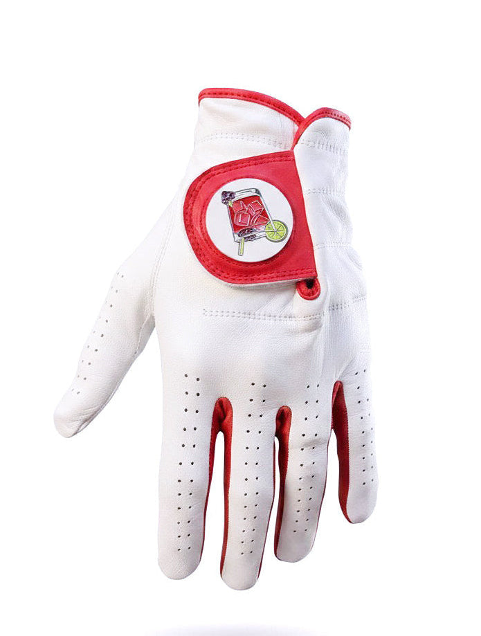 White golf glove with red trim and red finger accents; glove-top marker patch.