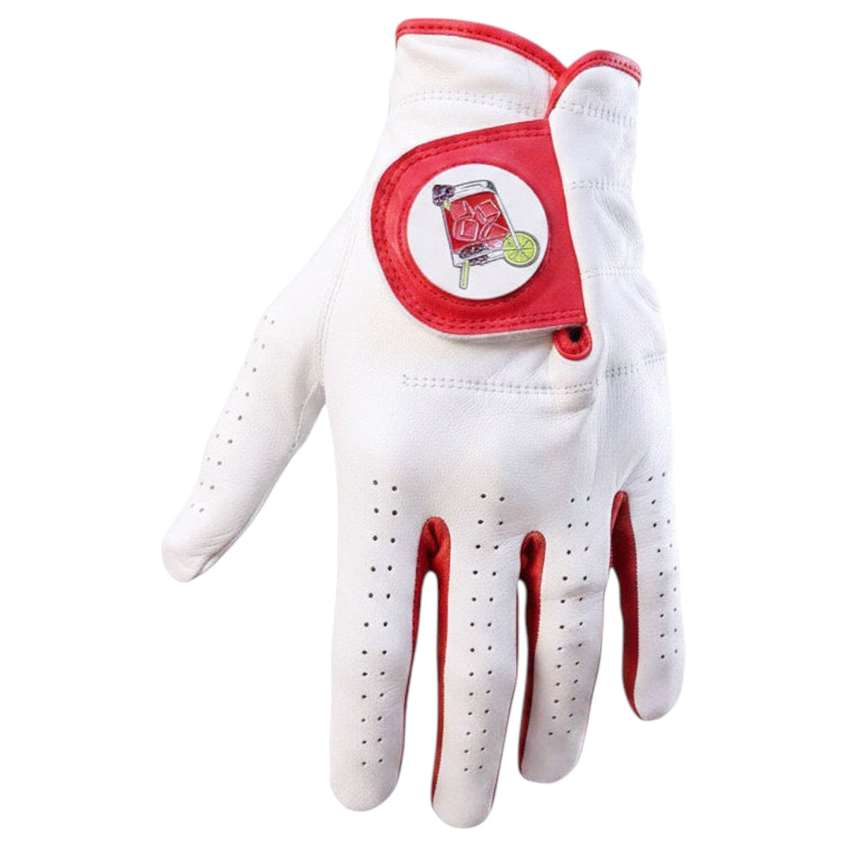 White and red leather golf glove with red trim, logo patch, and perforated fingers